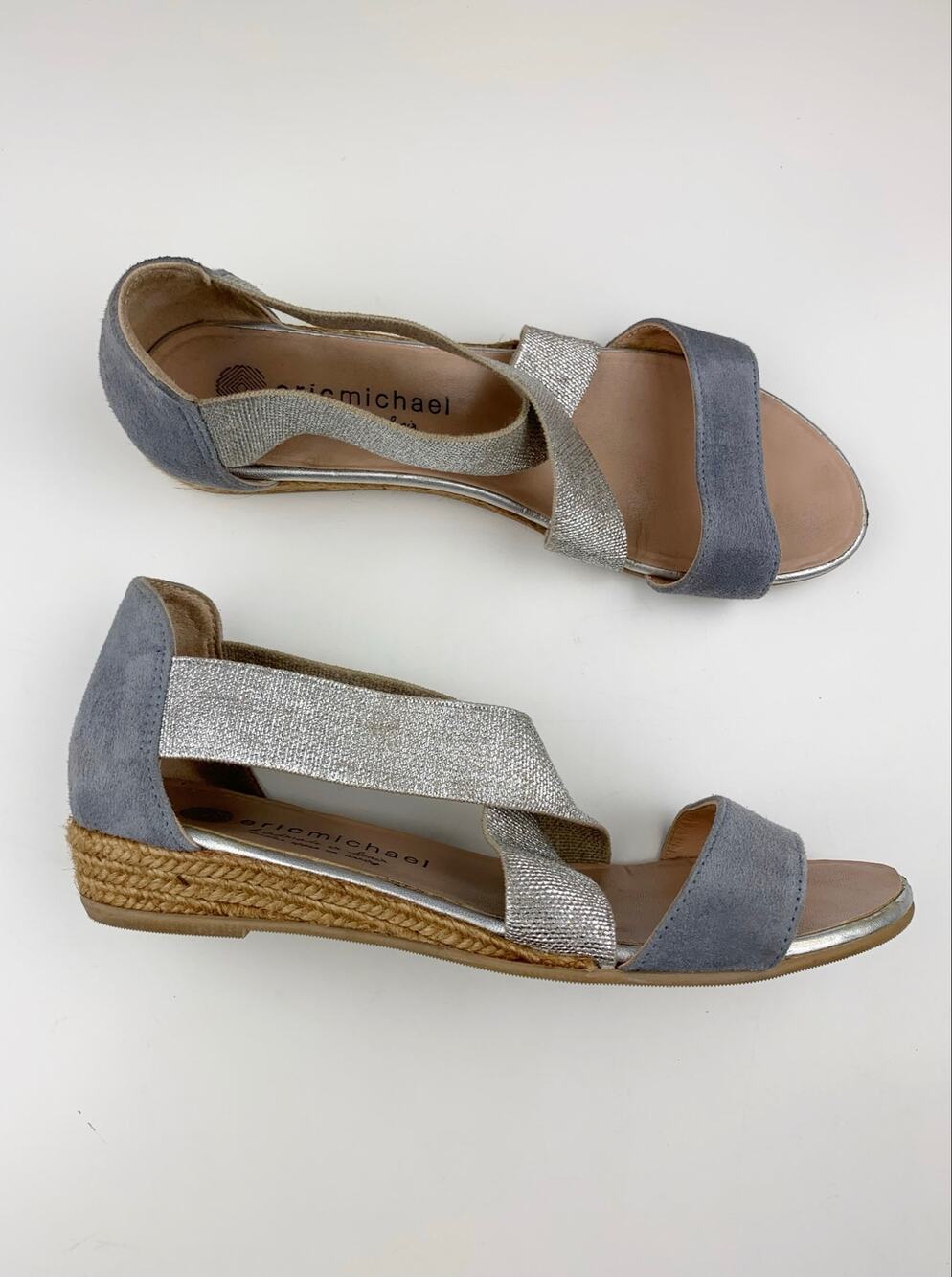 Eric Michael Mia Slip On Espadrille Sandals Grey Silver Wedge Womens 41 US 10 11
